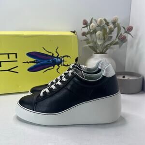 Fly London Delf580fly Leather Wedge Trainers Sneakers Black Women 39/8.5